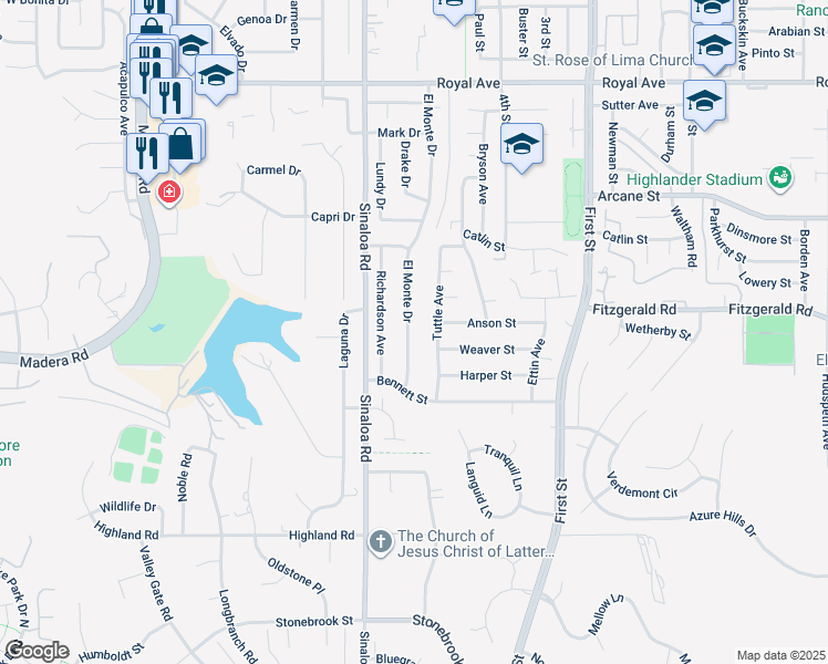 map of restaurants, bars, coffee shops, grocery stores, and more near 978 El Monte Drive in Simi Valley