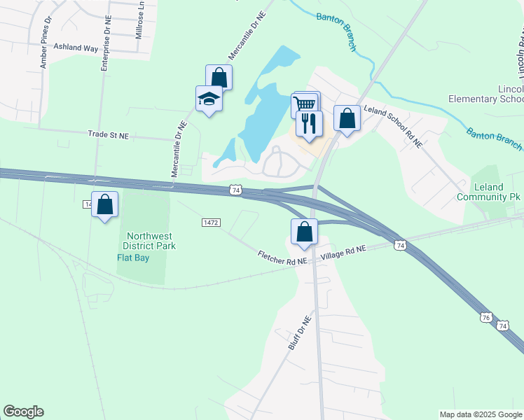 map of restaurants, bars, coffee shops, grocery stores, and more near 1794 Liz Lane Northeast in Leland