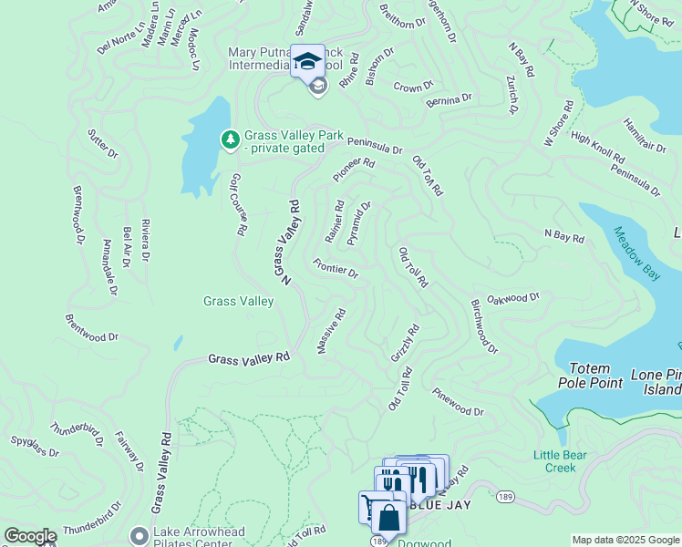 map of restaurants, bars, coffee shops, grocery stores, and more near 357 Pioneer Road in Lake Arrowhead