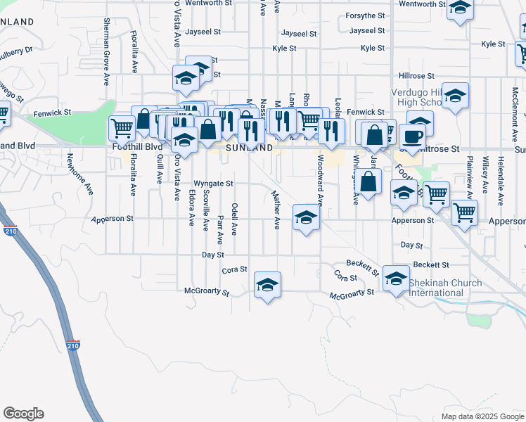 map of restaurants, bars, coffee shops, grocery stores, and more near 10332 Odell Avenue in Los Angeles