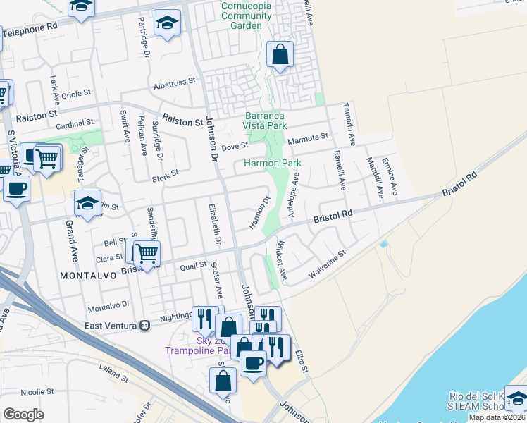 map of restaurants, bars, coffee shops, grocery stores, and more near 6986 Harmon Drive in Ventura