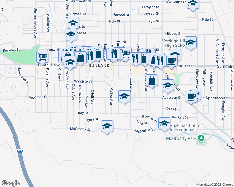 map of restaurants, bars, coffee shops, grocery stores, and more near 10327 Langmuir Avenue in Los Angeles
