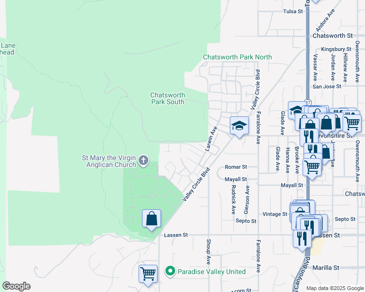 map of restaurants, bars, coffee shops, grocery stores, and more near 22500 Jeffrey Mark Court in Los Angeles