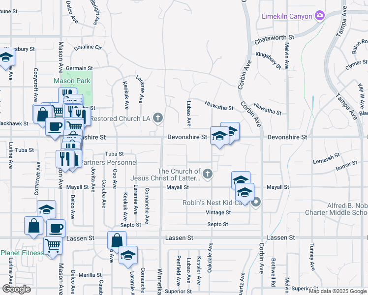 map of restaurants, bars, coffee shops, grocery stores, and more near 20000 Tipico Street in Los Angeles