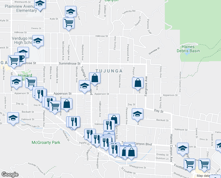 map of restaurants, bars, coffee shops, grocery stores, and more near 10330 Commerce Avenue in Los Angeles