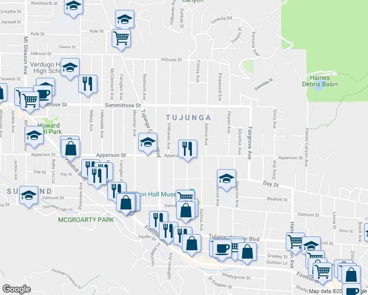 map of restaurants, bars, coffee shops, grocery stores, and more near 10330 Commerce Avenue in Los Angeles