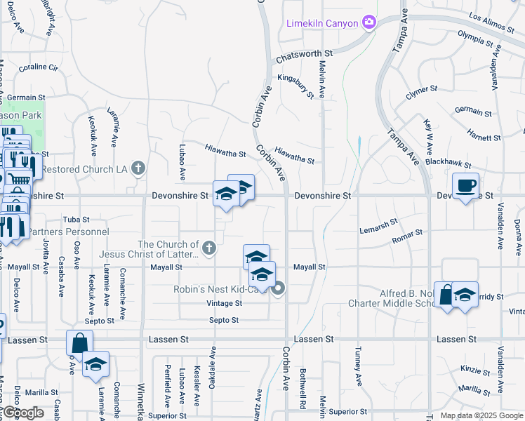 map of restaurants, bars, coffee shops, grocery stores, and more near 19749 Tuba Street in Los Angeles
