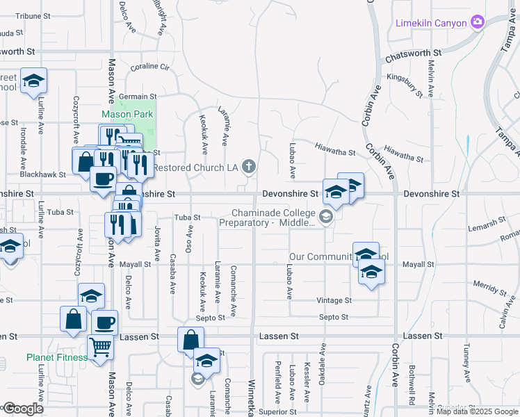 map of restaurants, bars, coffee shops, grocery stores, and more near 20058 Tipico Street in Los Angeles