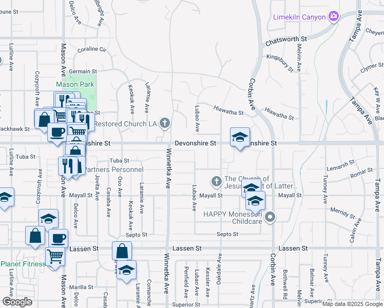 map of restaurants, bars, coffee shops, grocery stores, and more near 20000 Tipico Street in Los Angeles