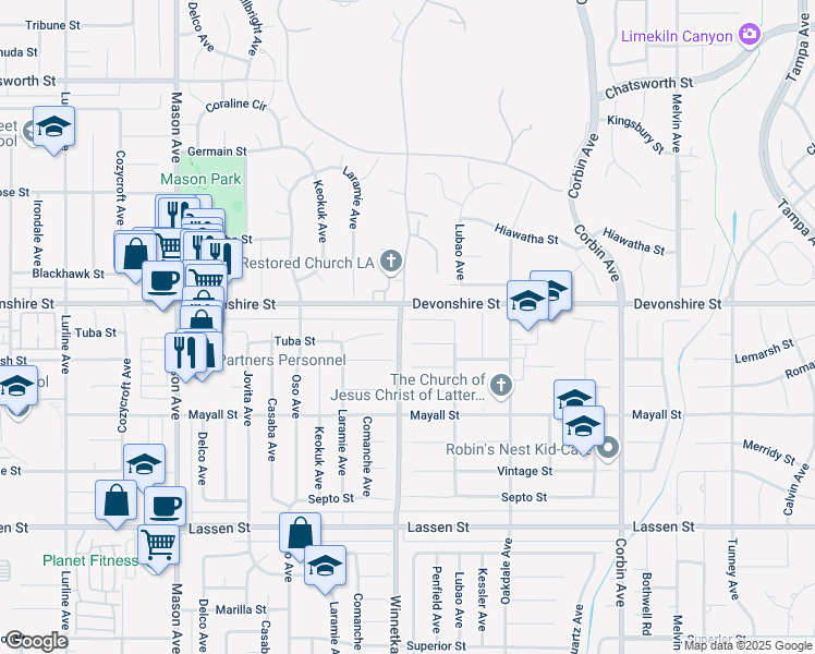 map of restaurants, bars, coffee shops, grocery stores, and more near 20058 Tipico Street in Los Angeles