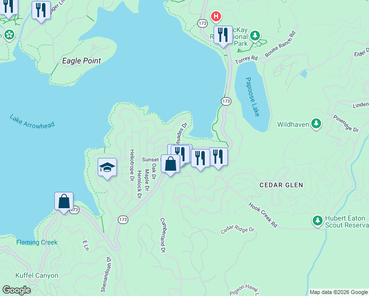 map of restaurants, bars, coffee shops, grocery stores, and more near 417 Emerald Drive in Lake Arrowhead