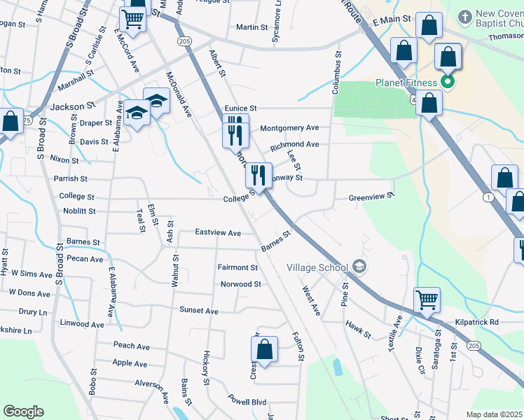 map of restaurants, bars, coffee shops, grocery stores, and more near 605 Baltimore Avenue in Albertville