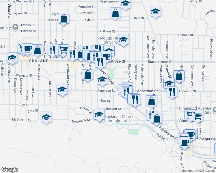 map of restaurants, bars, coffee shops, grocery stores, and more near 7724 Yates Street in Los Angeles