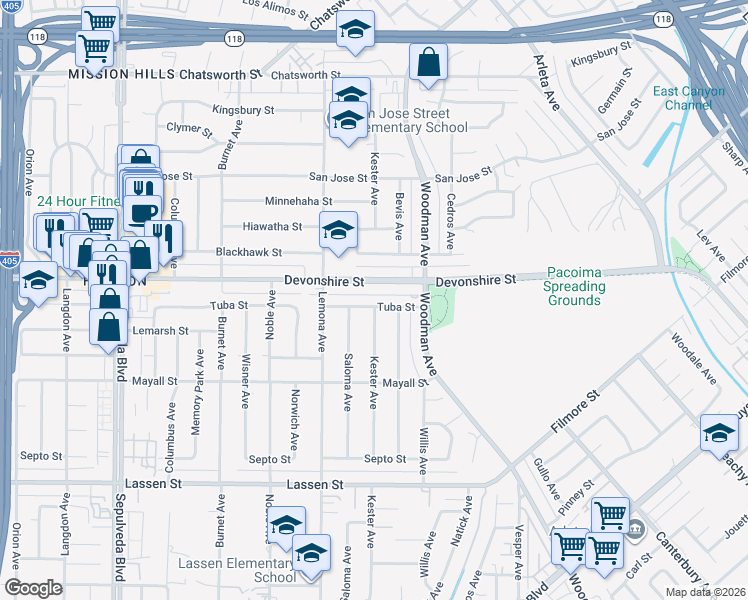 map of restaurants, bars, coffee shops, grocery stores, and more near 14857 Tuba Street in Los Angeles