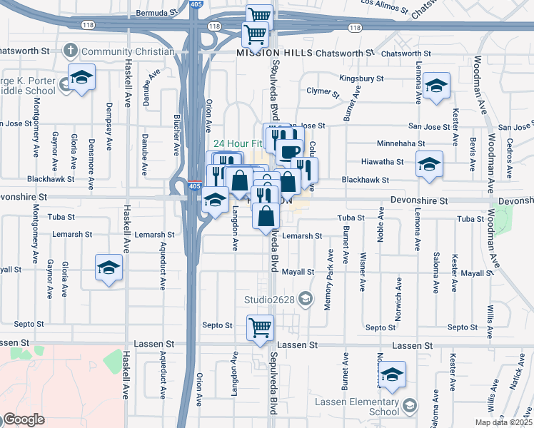 map of restaurants, bars, coffee shops, grocery stores, and more near 15426 Devonshire Street in Los Angeles