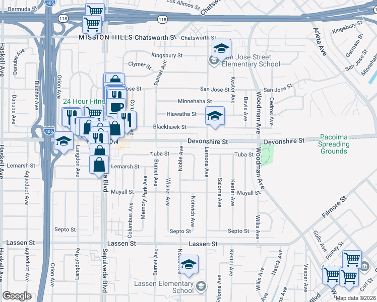 map of restaurants, bars, coffee shops, grocery stores, and more near 15043 Tuba Street in Los Angeles