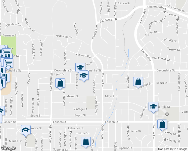 map of restaurants, bars, coffee shops, grocery stores, and more near 19730 Tuba Street in Los Angeles