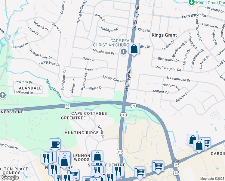 map of restaurants, bars, coffee shops, grocery stores, and more near 4642 Riplee Drive in Wilmington