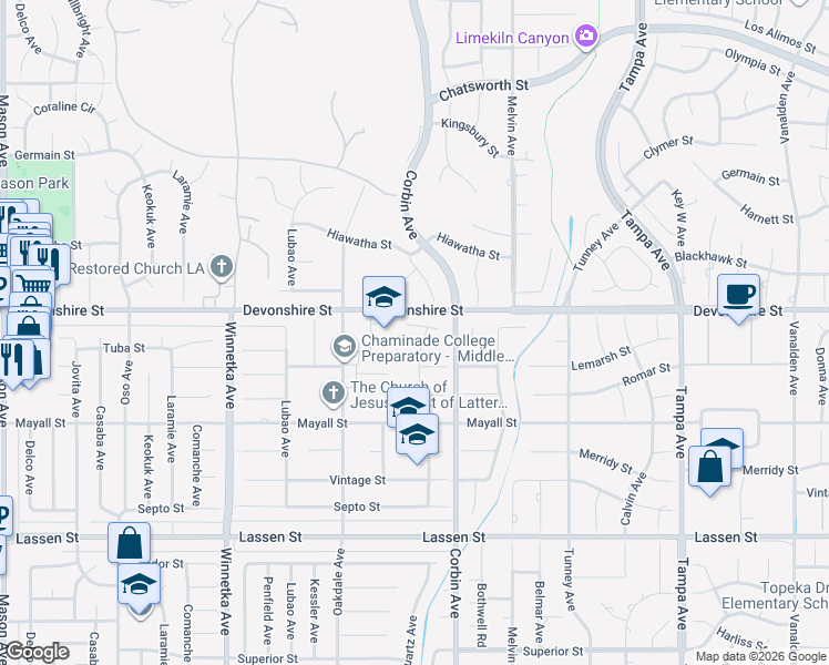 map of restaurants, bars, coffee shops, grocery stores, and more near 19730 Tuba Street in Los Angeles