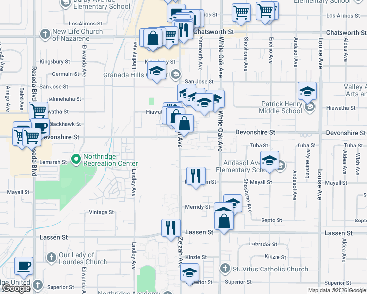 map of restaurants, bars, coffee shops, grocery stores, and more near 10240 Zelzah Avenue in Los Angeles