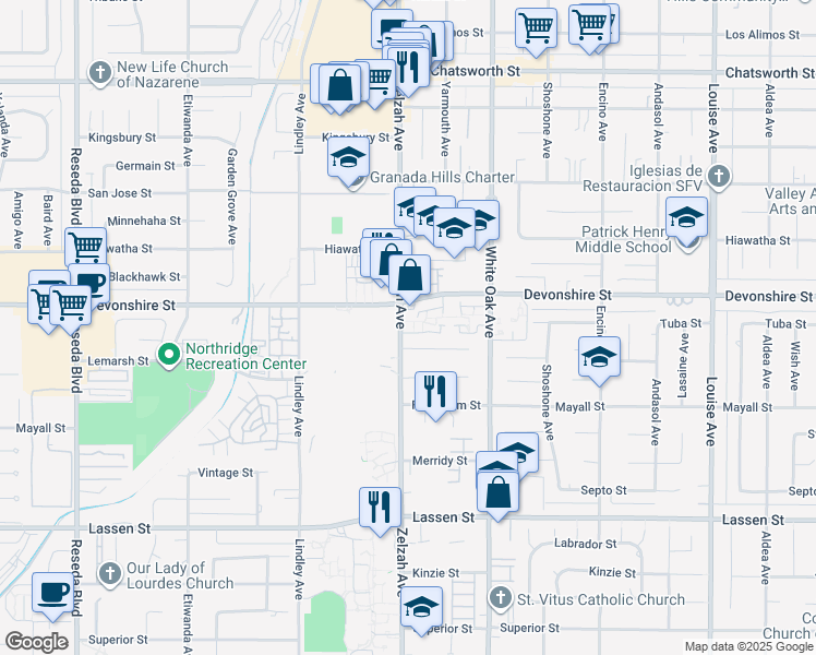 map of restaurants, bars, coffee shops, grocery stores, and more near 10220 Zelzah Avenue in Los Angeles
