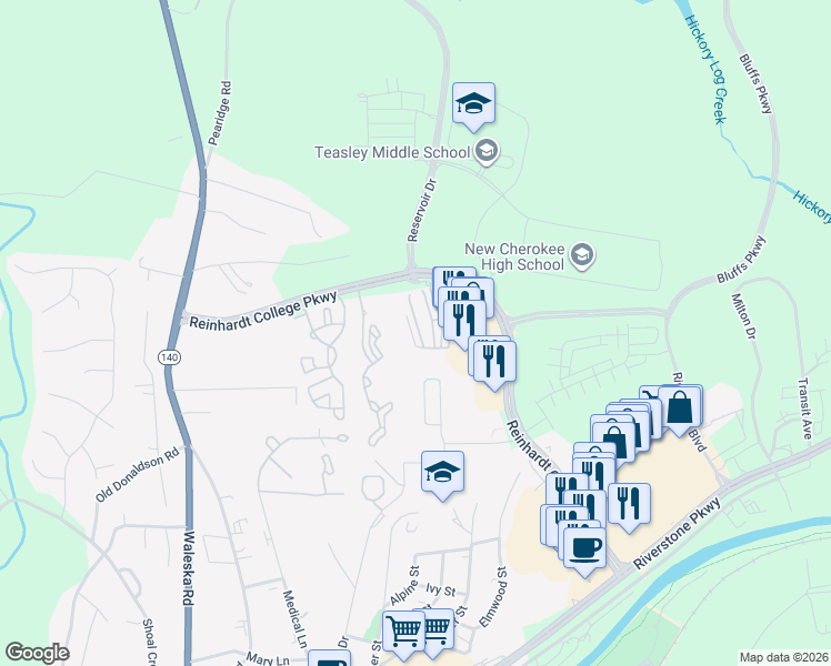 map of restaurants, bars, coffee shops, grocery stores, and more near 134 Riverstone Commons Circle in Canton