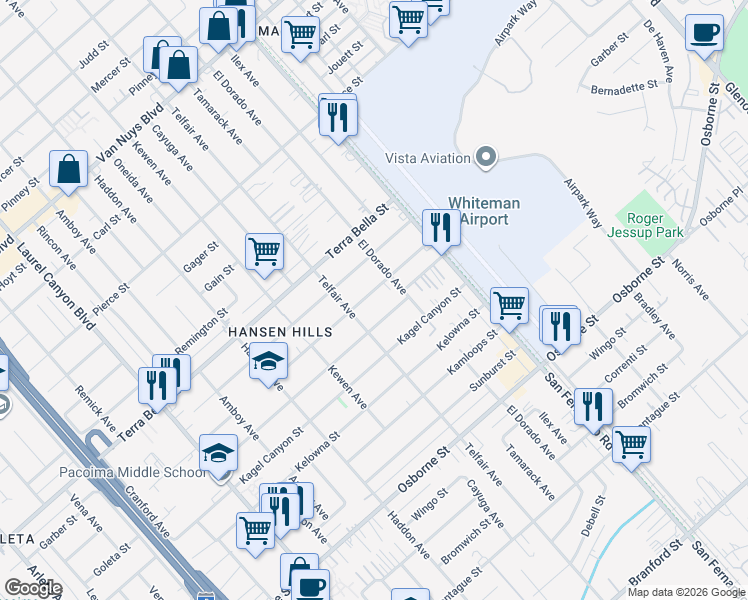 map of restaurants, bars, coffee shops, grocery stores, and more near 13032 Glamis Street in Los Angeles