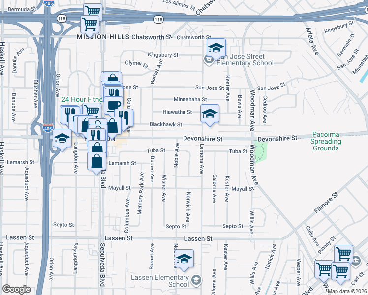 map of restaurants, bars, coffee shops, grocery stores, and more near 15043 Tuba Street in Los Angeles