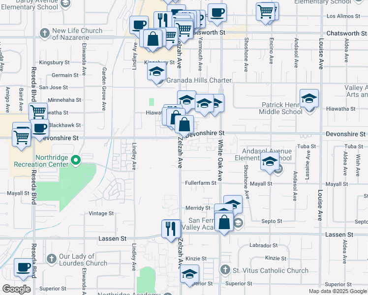 map of restaurants, bars, coffee shops, grocery stores, and more near 10220 Zelzah Avenue in Los Angeles