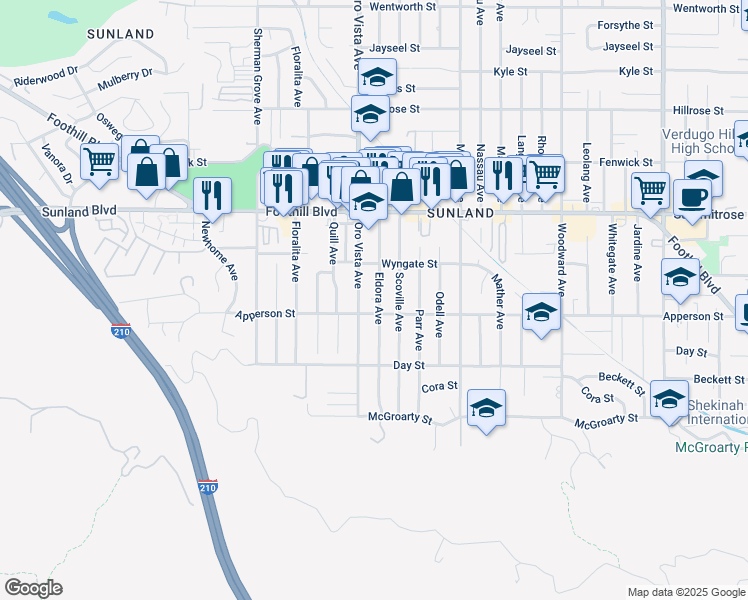 map of restaurants, bars, coffee shops, grocery stores, and more near 10315 Eldora Avenue in Los Angeles