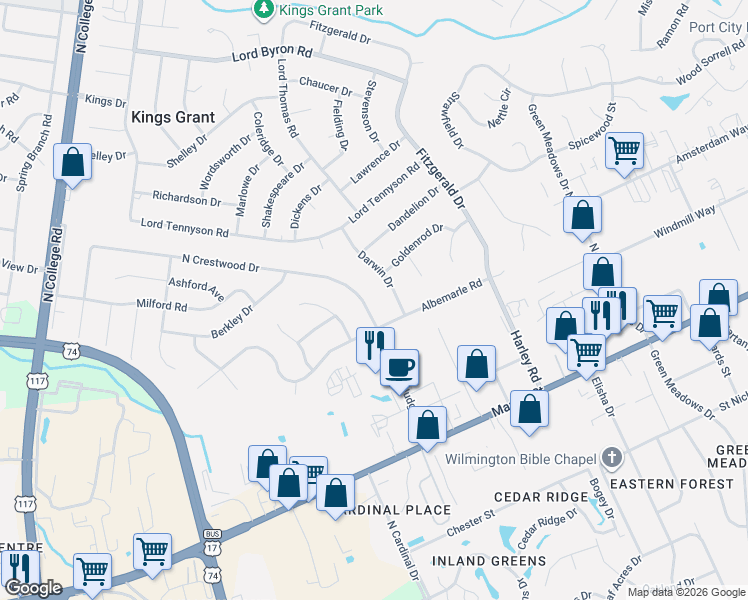 map of restaurants, bars, coffee shops, grocery stores, and more near 710 Darwin Drive in Wilmington