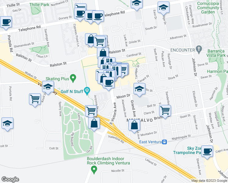 map of restaurants, bars, coffee shops, grocery stores, and more near 1930 South Victoria Avenue in Ventura