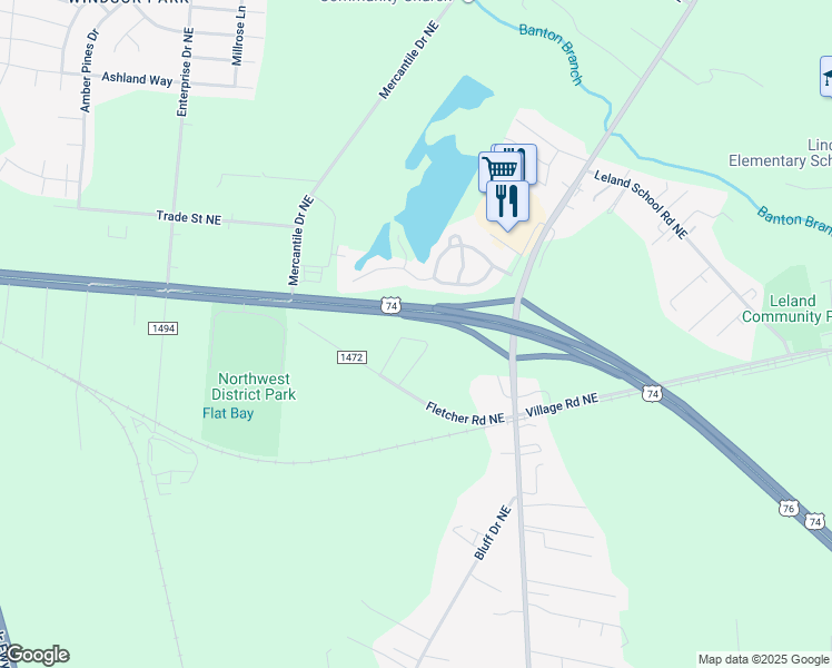 map of restaurants, bars, coffee shops, grocery stores, and more near 1802 Liz Lane Northeast in Leland