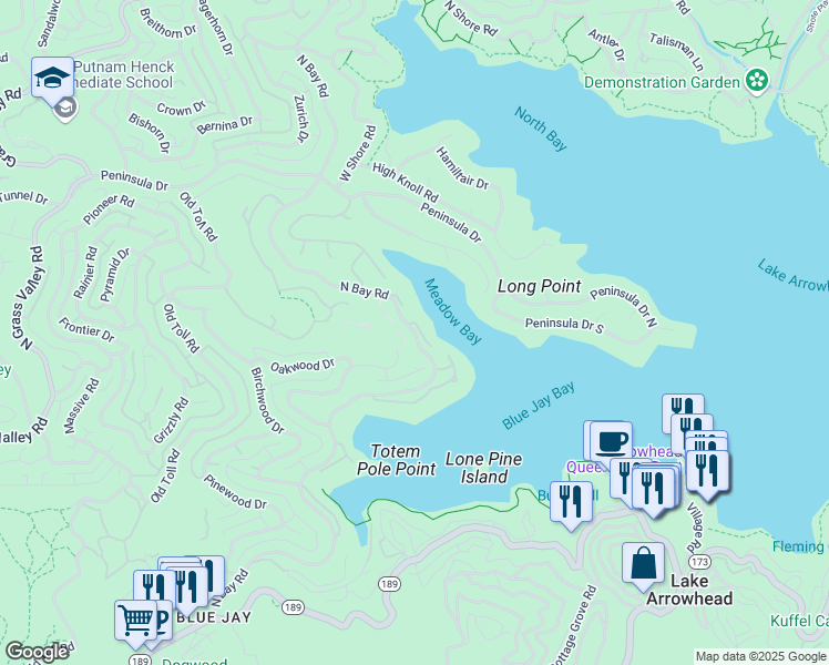 map of restaurants, bars, coffee shops, grocery stores, and more near North Bay Road in Lake Arrowhead