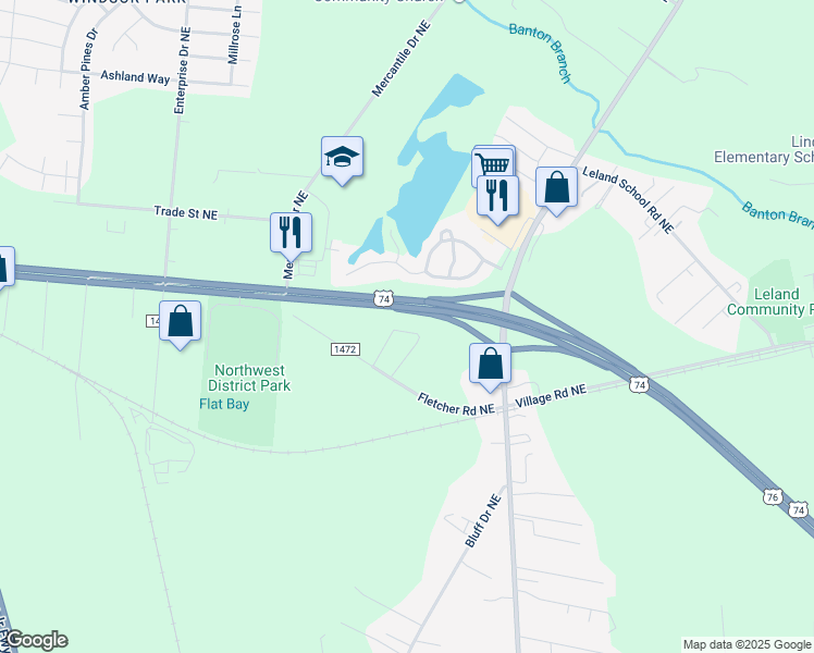 map of restaurants, bars, coffee shops, grocery stores, and more near 1802 Liz Lane Northeast in Leland