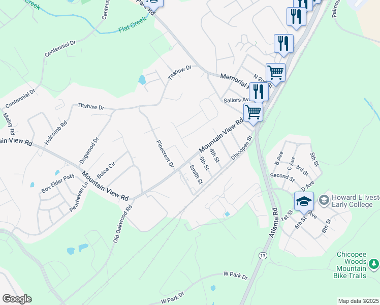 map of restaurants, bars, coffee shops, grocery stores, and more near 2372 Mountain View Road in Gainesville