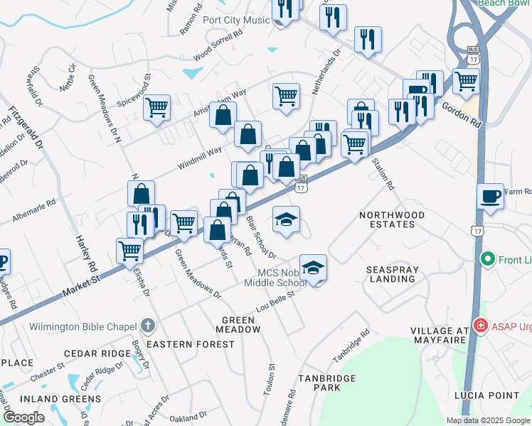 map of restaurants, bars, coffee shops, grocery stores, and more near 6510 Market Street in Wilmington