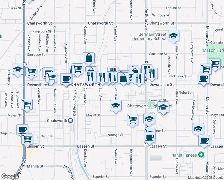 map of restaurants, bars, coffee shops, grocery stores, and more near 10300 Variel Avenue in Los Angeles