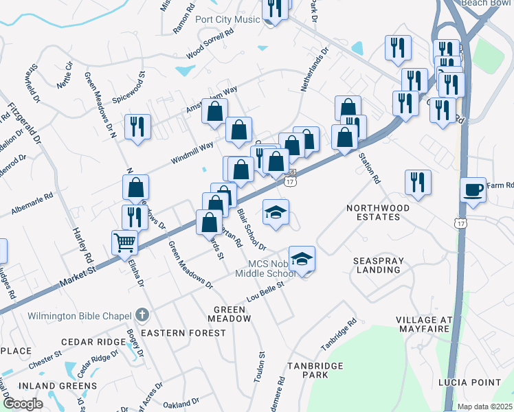 map of restaurants, bars, coffee shops, grocery stores, and more near 6620 U.S. 17 Business in Wilmington