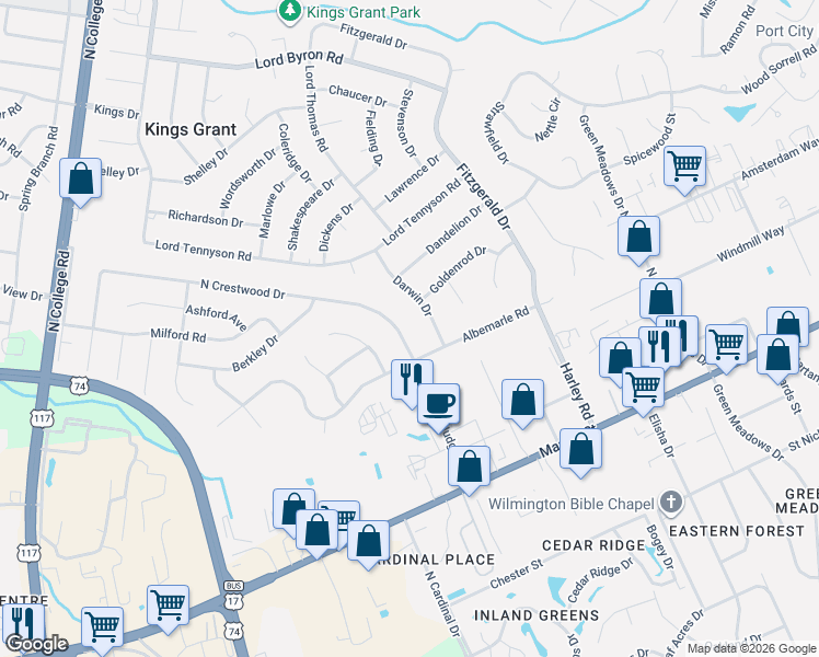 map of restaurants, bars, coffee shops, grocery stores, and more near 710 Darwin Drive in Wilmington