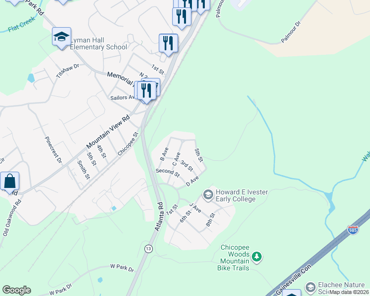 map of restaurants, bars, coffee shops, grocery stores, and more near 18 C Avenue in Gainesville