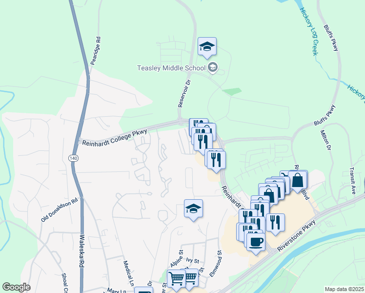 map of restaurants, bars, coffee shops, grocery stores, and more near 134 Riverstone Commons Circle in Canton