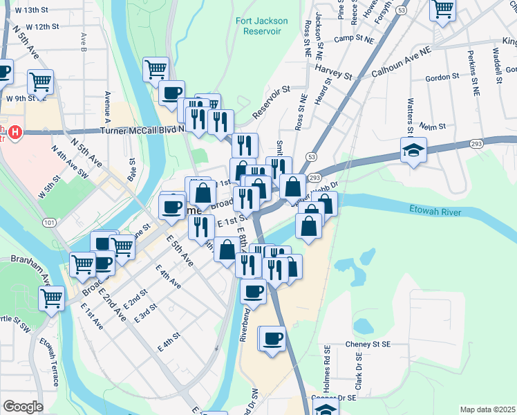 map of restaurants, bars, coffee shops, grocery stores, and more near 1107 Turner McCall Boulevard in Rome