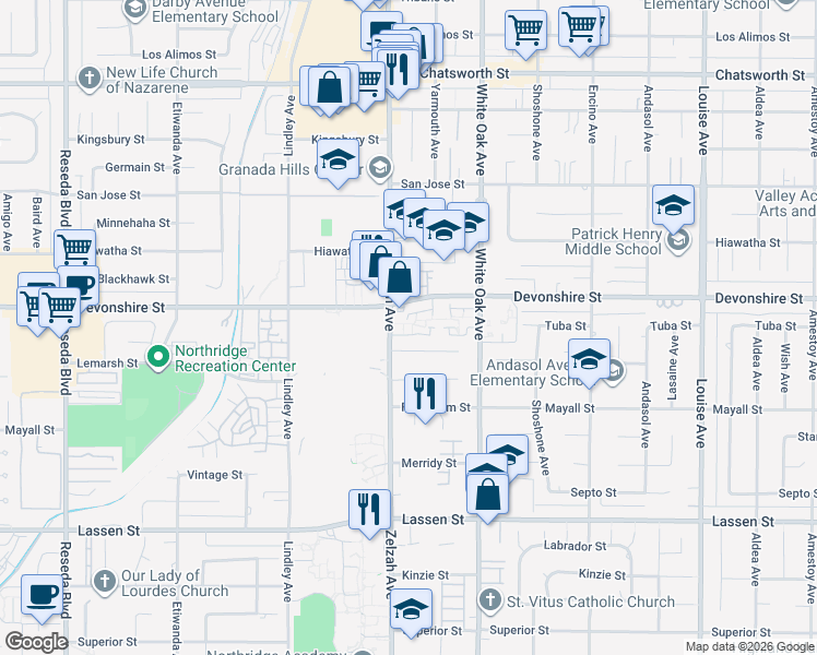 map of restaurants, bars, coffee shops, grocery stores, and more near 10224 Zelzah Avenue in Los Angeles