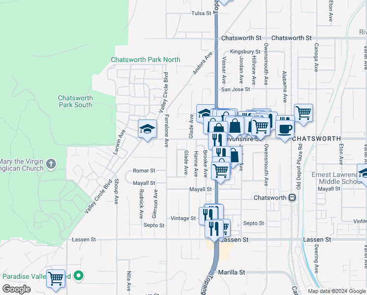 map of restaurants, bars, coffee shops, grocery stores, and more near 10245 Glade Avenue in Los Angeles