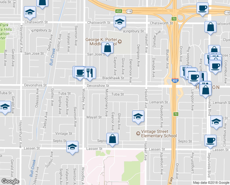 map of restaurants, bars, coffee shops, grocery stores, and more near 16001 Tuba Street in Los Angeles