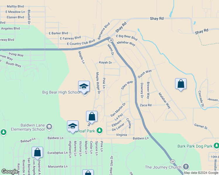 map of restaurants, bars, coffee shops, grocery stores, and more near 2 Pine Lane in Big Bear
