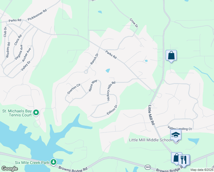 map of restaurants, bars, coffee shops, grocery stores, and more near 6110 Hickory Hills Road in Cumming