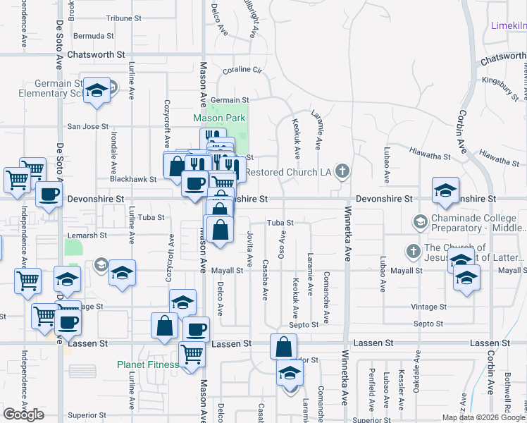 map of restaurants, bars, coffee shops, grocery stores, and more near 10215 Casaba Avenue in Los Angeles