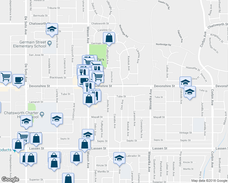 map of restaurants, bars, coffee shops, grocery stores, and more near 10215 Casaba Avenue in Los Angeles